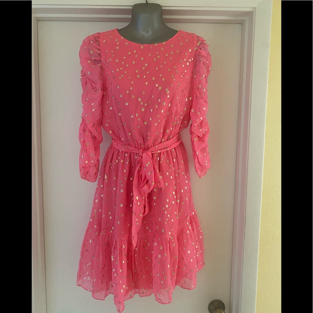 Lilly Pulitzer Chianna Silk Coral Sands Gold Metallic Clip Dress 6 NWT